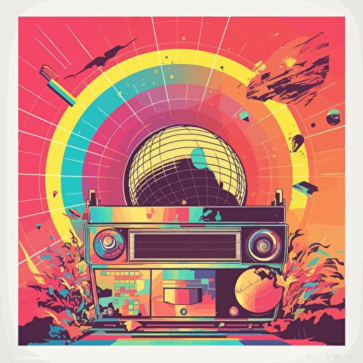 an awesome retro poster, with retro colors a disco ball, vinyl records and music notes all over, boombox in the middle vector, pink floyd style