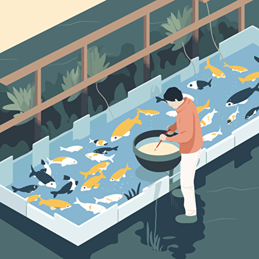 vector ilustration of a staffer feeding fish in a fish farm,