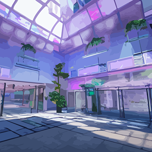 vaporwave mall liminal space high detail rendered unreal engine 3d render god rays volumetric lighting large windows vegetation