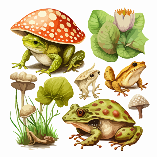 mushrooms, frog, white background, very detailed vector