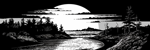 a black and white woodcut illustration of a maine island beach at sunset. black and a white. 2d. flat. vector.