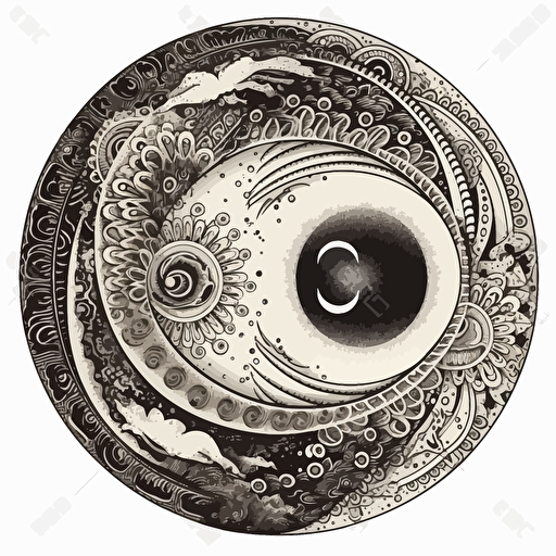 tribal ying & yang design with tiny ancient japan details, 2d, vector, white background