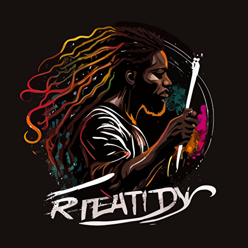 vector logo, black man with long dreadlocks holing a paintbrush painting, black background
