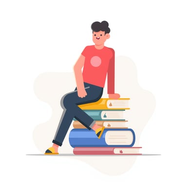a person sitting on books