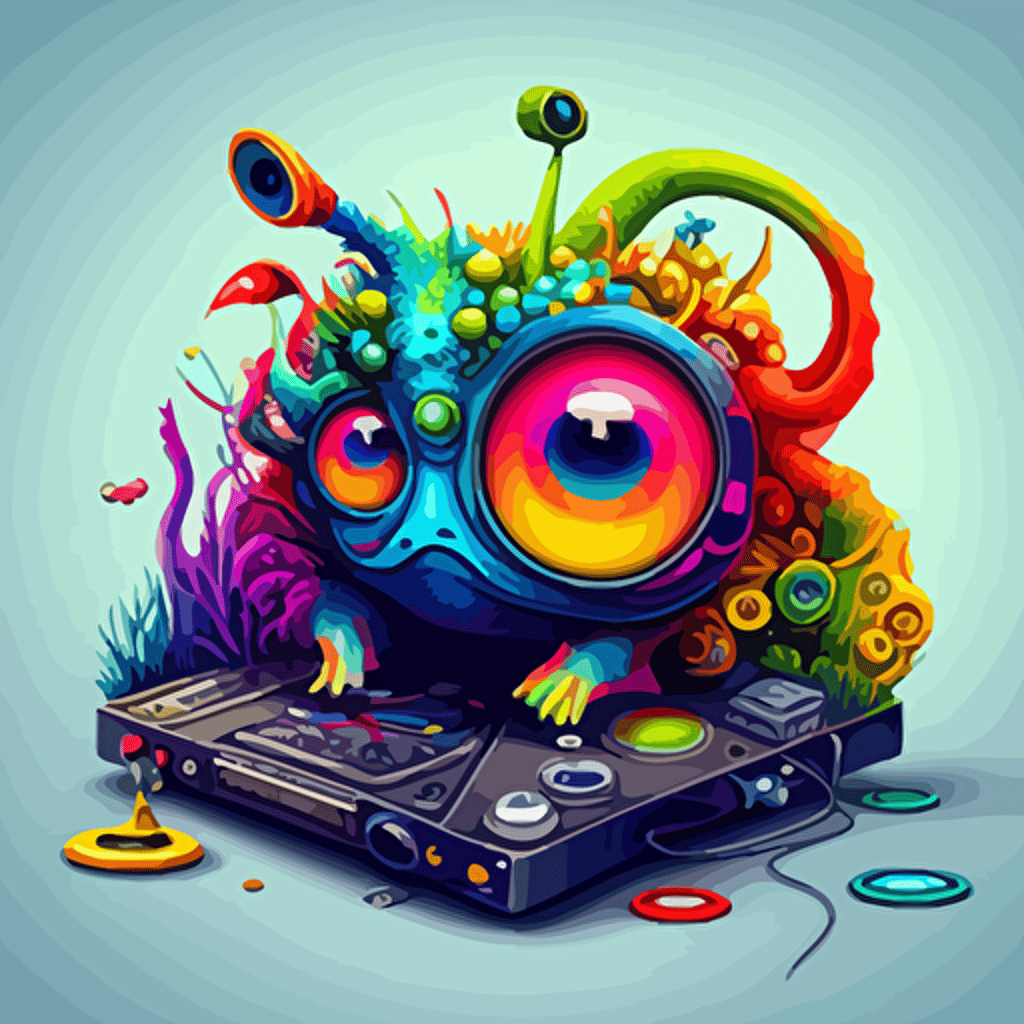 an odd little creature from another dimension DJing, colourful, logo design, vector, illustration, super detailed