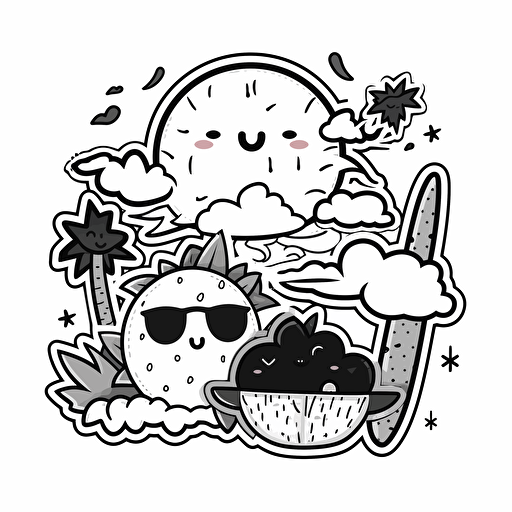 a cute summer sticker, childish cartoon vector in black ink with white background