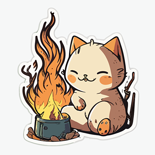 sticker, smiling cat sitting next to a campfire, liu yi artist style, vector, contour, white background