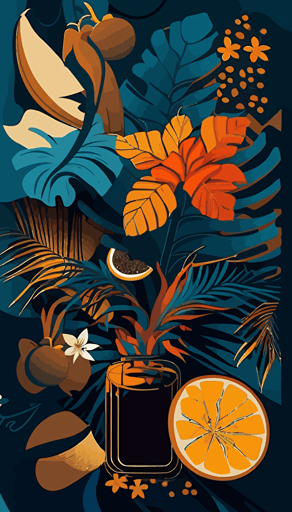 wallpaper design, tropical plants palm tree flowers and latin Food, [blue, orange, brown, and gold color scheme here]::3 modern, clean, design, vector, items, food, RTX,