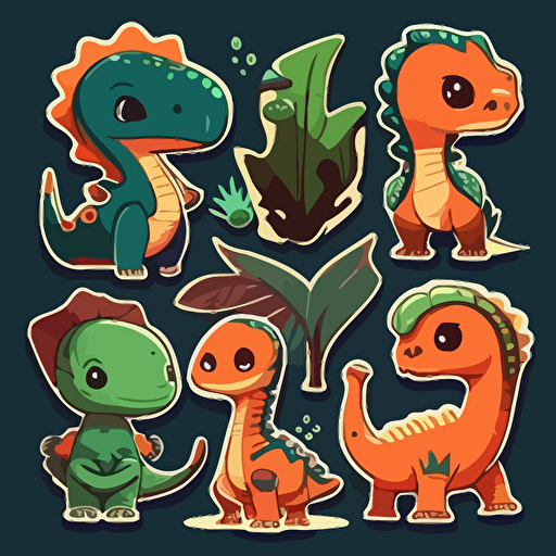 Very cute retro dinosaurs pixar style, 2d flat design, vector, cut sticker