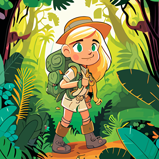 ILLUSTRATION OF A CARTOON BLONDE FEMALE CHILD in an explorer outfit FOR A CHILDRENS BOOK, IN THE STYLE OF genndy tartakovsky. , RAIN FORREST, tree lizards, JUNGLE, hiking, ADVENTURE SCENE, EXPLORer, vines, 1st person CAMERA VIEW. gOLDEN HOUR. happy and determined VECTOR ILLUSTRATION