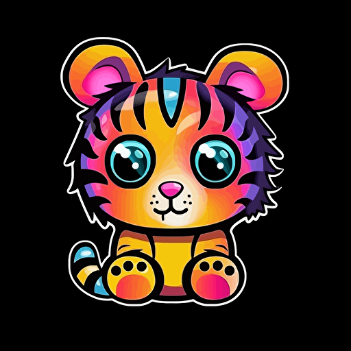 sticker, colorfull cartoon tiger, kawaii, contour, vector, black background