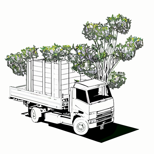 vector design, only Truck loaded with trees viewed vertically from above, white background, black outline
