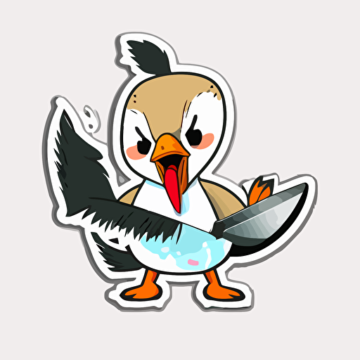 goose with knife in mouth, angry, colorful, sticker, vector, kawaii, white background
