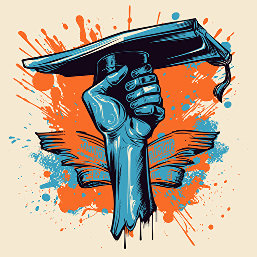 a vector image of a black hand holding up a college diploma, blue and orange and dark gray, graffiti style