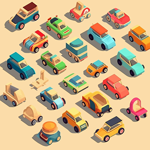 assorted group of wooden toy cars, korean style, isometric, pop art, flat art, vectorized