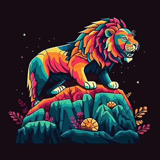 an impressive tenango art lion on a rock, vector, colorful