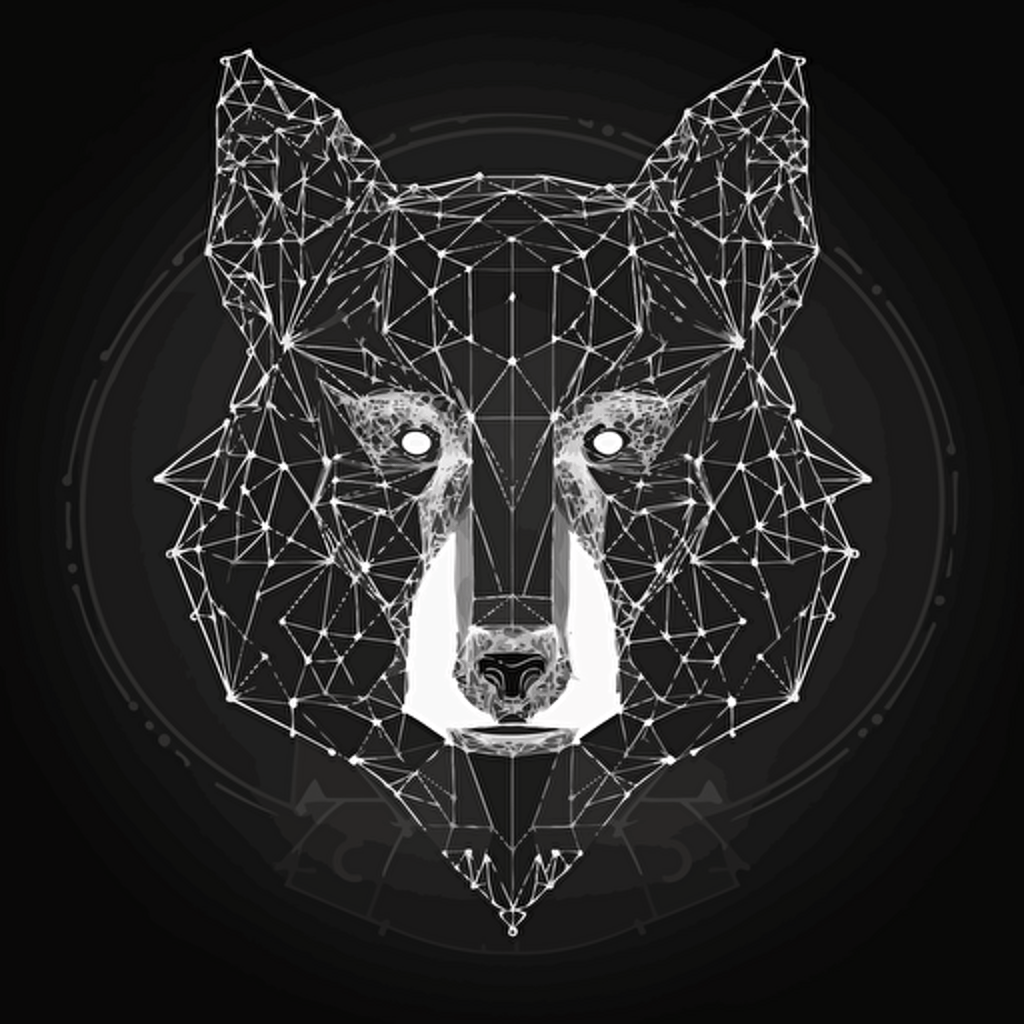 Angry sacred geometry wolf, Banksy style, black background, large closed shapes, fantasy roboter, white space to fill, abstract, artistic, pen outline, white background, very simple, full field of view, centre, minimalistic logo vector art , simple flat vector logo