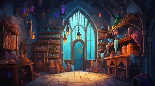 vector illustration, Inside medieval Fantasy Shop, colorfull, vibrant, 2d animation, anime, vector image