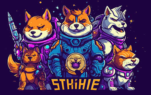 logo design of a group of anthromoporphic shiba dressed in sci-fi battle gear with spaceships and planets behind them, 2d, purple and blue colors, vector, amazing-logo-design