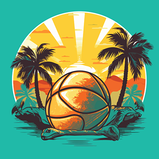 vector, nba logo with palm trees and an ocean background with a sun and a turtle with a basketball, brazilian, tropical theme, with no text, green, blue, yellow, closed shape