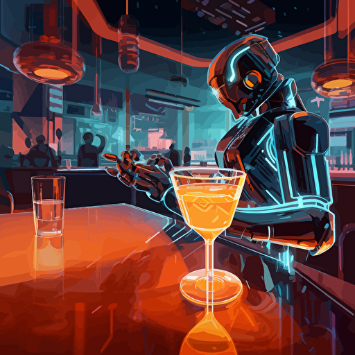A retro futuristic illustration of a robot serving a drink in a cocktail glass, surrounded by neon lights, in the style of Syd Mead, with a warm and inviting lighting palette, using a medium of vector art and a top-down camera angle