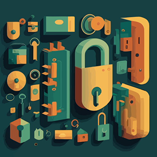 a simplistic vector imagine of locks, keys, vault doors and padlocks to convey a sense of security using using the colors butterscotch, champagne, light orange, midnight green, and caribbean current aspect ratio 16:9