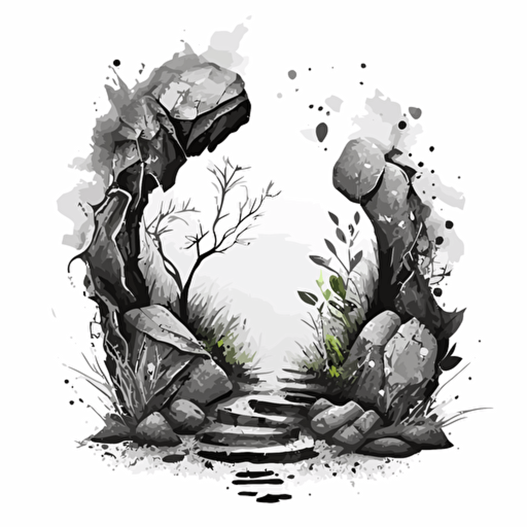 lost template entrance, vector, black and white, large cracked stones, vines growing down, grass and roots, isolated on white background, watercolor style