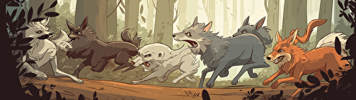 cartoon vector illustration of a wolf pack running and hunting rabbits in a forest