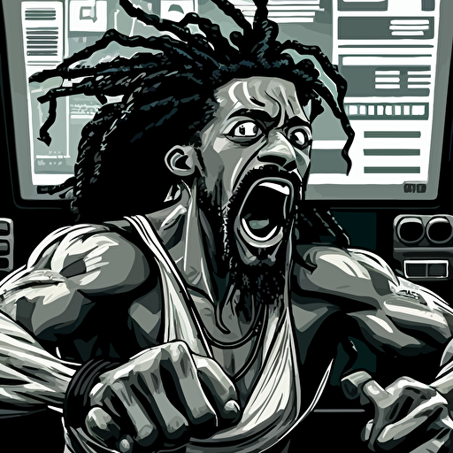 Closeup, looking at camera, 2D style, vector illustration, detailed black and white story board, of very attractive black male with long dreadlocks, goatee, mustache, screaming at his computer