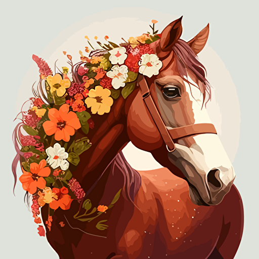 beautiful horse, flowers, cute, cartoon, high quality, high details, 12k, vector art