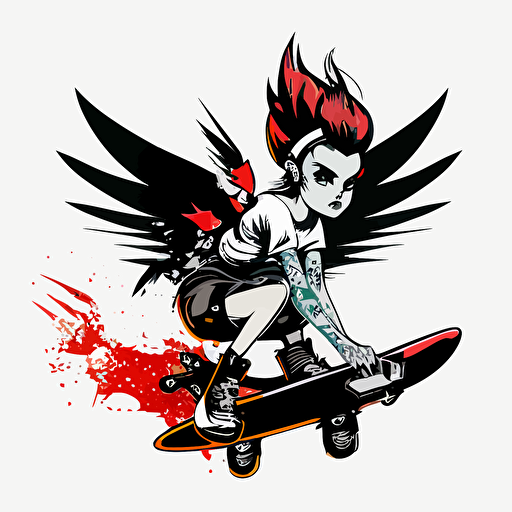 punk rock fairy riding a skateboard, vector logo, vector art, emblem, simple cartoon, 2d, no text, white background