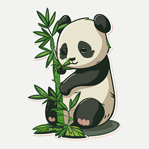 cut sticker of a panda woth bamboo, cute, cartoon, simple vector, flat colors