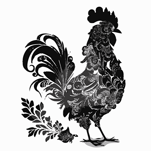 rooster made of flowers, Sticker, Adorable, Dark, kinetic art style, Contour, Vector, White Background, Detailed