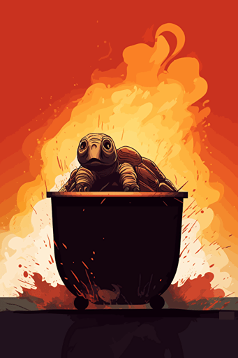 a scared and nervous turtle in front of a dumpsterfire, illustrated vector art, professional work,