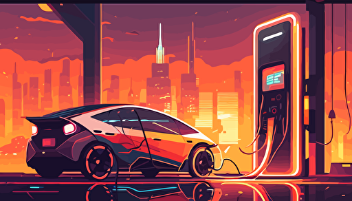 electric car charging in futuristic city , warm collors, illustration,vector,