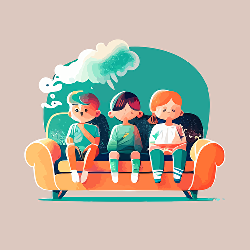 2 boy and 1 girl sitting on a couch, simple vector art, steamy