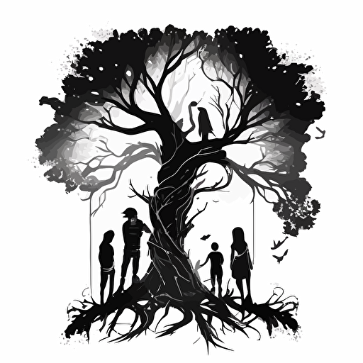 black and white vector illustration of tall and skinny magical tree, with branches that twisted and turned in every direction. three boys and a girl playing around it.