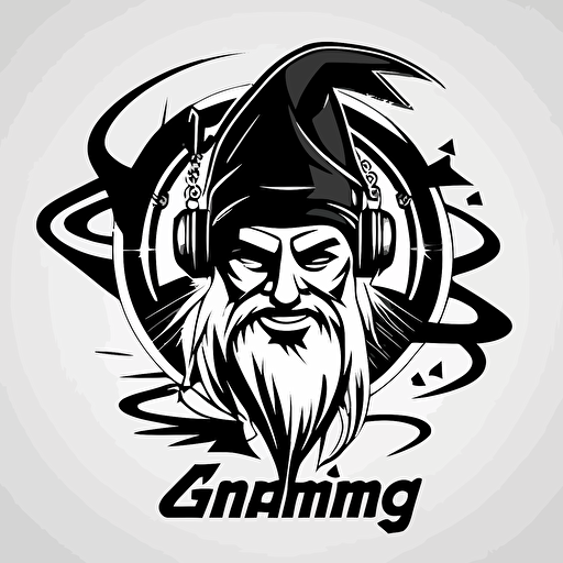 minimalistic pop art iconic logo of grinning wizard wearing headphones, black vector, on white background