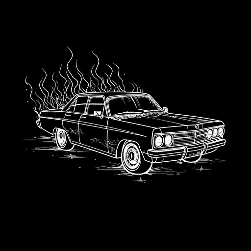 burning police car in the style of Mike Giant, white on black background, no shading, 2D, vector, minimalist, solid line