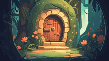 Cozy fantasy portal surrounded by Large curved wooden doorframe with portal leading to other dimension in daytime, close up, with colorful flowers and trees with leaves blowing through the doorway. Vector illustration. 2D hand drawn cartoon animation style with bright colors.