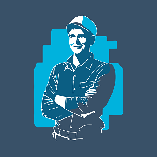 silhoette of professional worker, facing camera, arms crossed, smiling, sleeves rolled up, blue color, gray background, simple design, vector style, white outline over silhouette