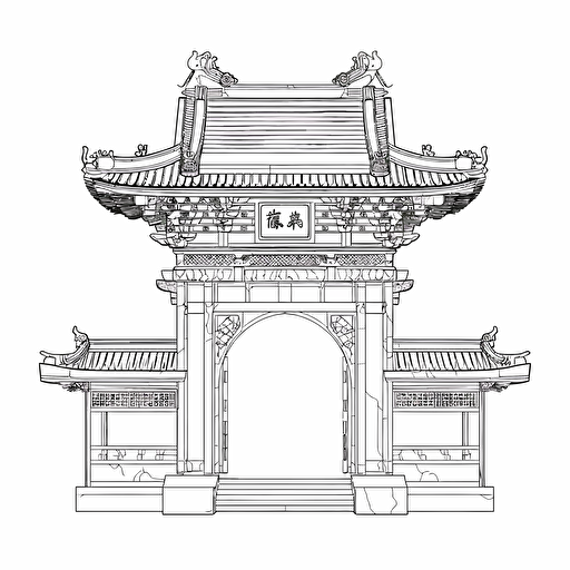 vector, line drawing, simple design, asian traditional gate, front view