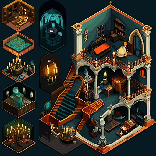 a top down 2d game level, full map, haunted mansion, vector, bedroom, four poster bed, dining hall, kitchen, ballroom, staircase, conservatory, intricate furniture, statues, framed paintings, rococo, baroque, cute