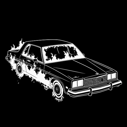burning police car in the style of Mike Giant, white on black background, no shading, 2D, vector, minimalist, solid line