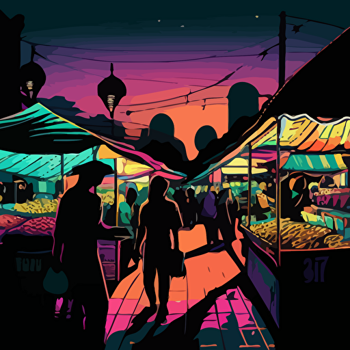 vector art colorful, taiwanese night market inside shilouette of galaxy