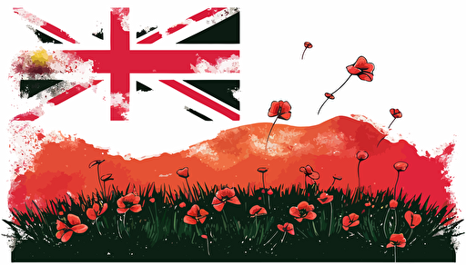 Australian flag in a red poppy field, watercolour, minimalist, vector, contour