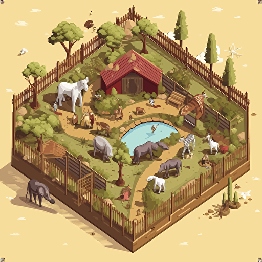 isometric cartoon vector style image of a zoo enclosure with broken fence