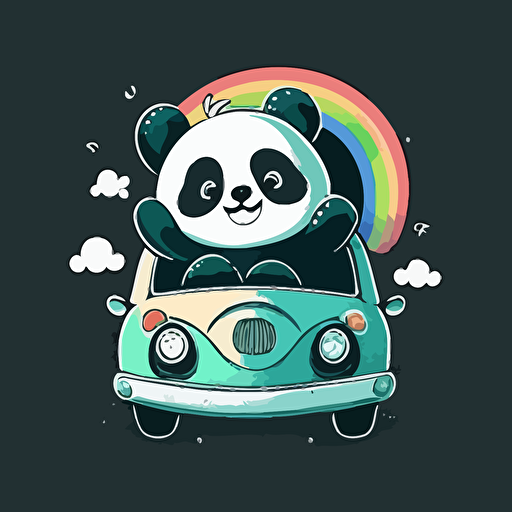 cute happy smiling panda riding a volkswagen, simple, minimalistic, colorful, anime cartoon style, vector art, vector logo