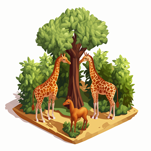 isometric cartoon vector style image of giraffe enclosure, two giraffes, baby giraffe, eating from tree