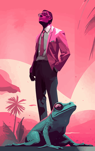 flat vector book cover design by martin stranka showing painted wallpaper hawaii background to a pink anthropomorphic gecko salesman wearing a battered worn suit